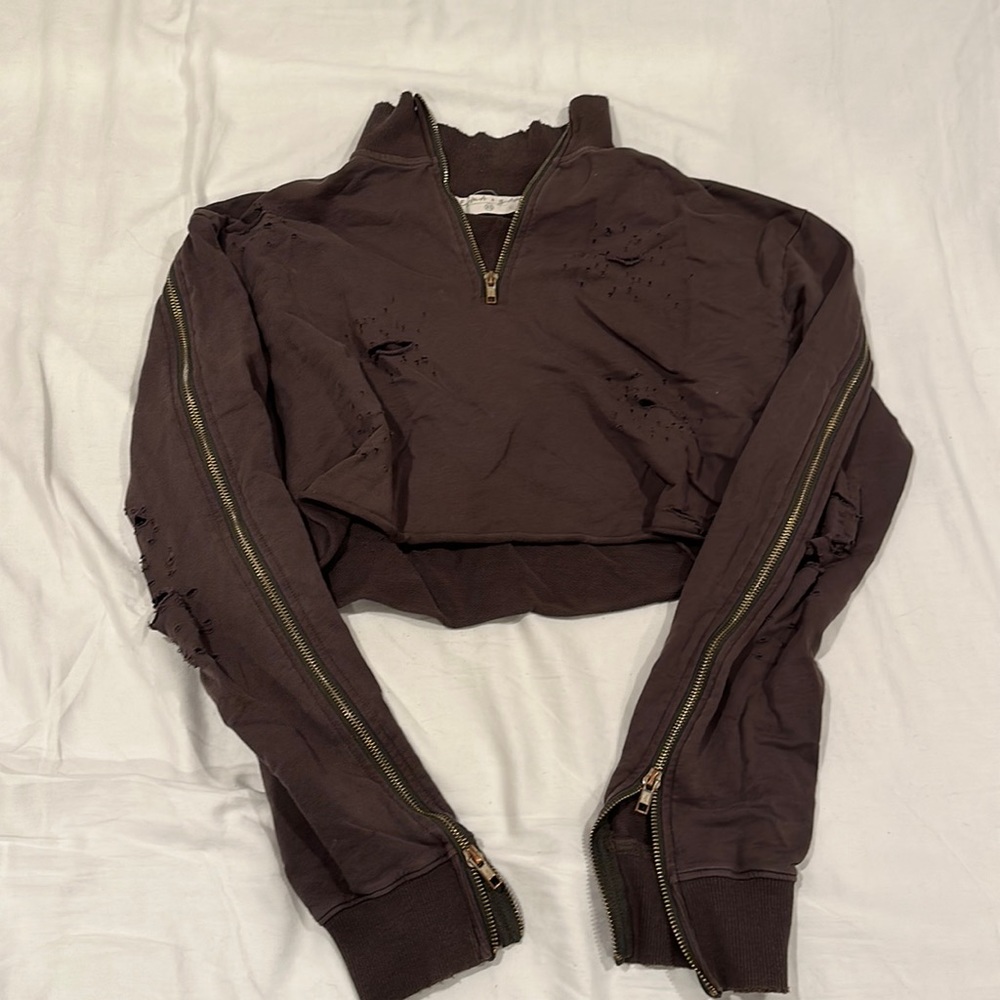 Emma & Sam Cropped Distressed Grey/Brown Quarter Zip